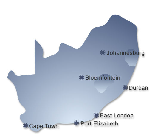 Map of South Africa showing LEJN branch and service coverage across Johannesburg, Durban, Cape Town, Port Elizabeth, East London and Bloemfontein